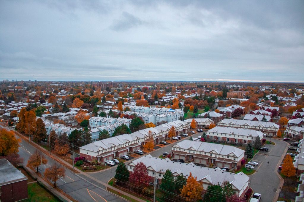 Scenic aerial view of suburban Kitchener, Ontario in fall with colorful foliage.